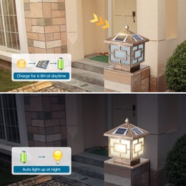 DAHGEO Outdoor Post Lights Solar Lamp Sensor with Power Base 2 Modes Outdoor Column Lights Die-Casting Aluminum Post Lights Fixture with Remote Control Tricolor Dimming