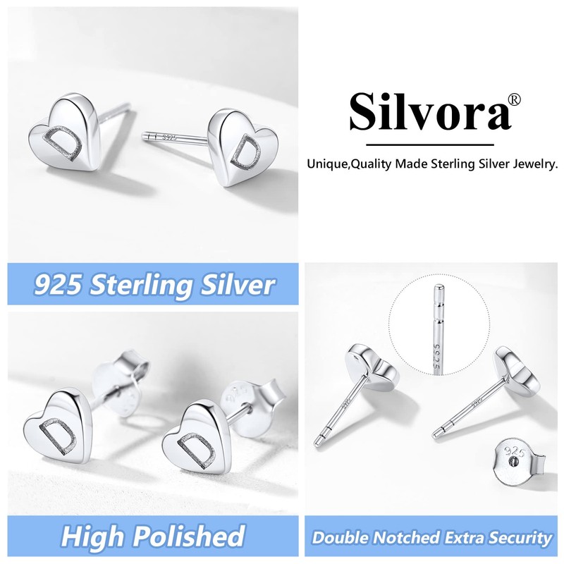 Silvora Charming Letter Earrings Heart Stud Sterling Silver Initials T