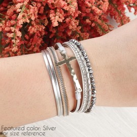 RIAH FASHION Bohemian Faux Leather Wrap Multi Layer Bracelet - Cross Leatherette Rhinestone Metallic Bead Bangle (Multi Metallic Cross - Black)