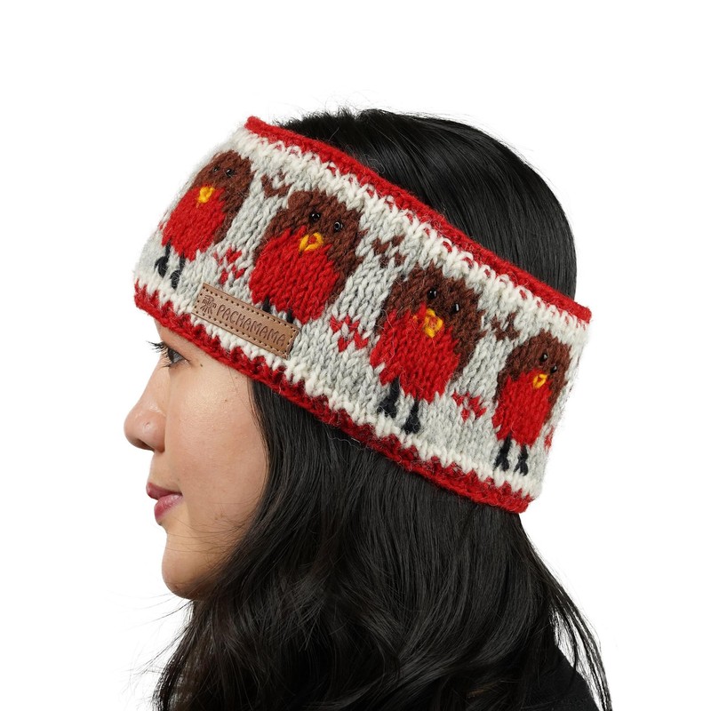 Pachamama Women Wool Ear Warmer Headband Fleece Lined Handknitted Robin