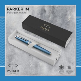 Parker IM Rollerball Pen | Premium Blue Grey with Chrome Trim | Fine Point with Black Ink Refill | Gift Box