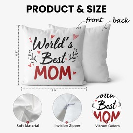 FISWAFY World's Best Mom Pillow Covers 18x18, Mom Gifts from Daughters Sons, Mother's Day Birthday Gifts for Mom, Best Mom Gifts Decorative Throw Pillow Covers for Couch Bed