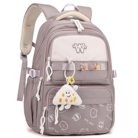 Amythe Girls' Backpack, School Bag for Primary and Middle Schools, Casual Children's Backpack with Cute Pendant, School Backpack with Trolley Strap for Girls 9-16 Years, dark purple