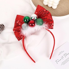 Ecuupas 2024 Happy New Years Headband Bow Hairband Red Shinny Glitter Green Bell Bowknot Headdress Design for Women Girls Kids Winter Head Wear Gifts Happy New Years Head Accessories