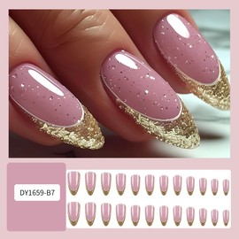 Valentine's Day Press On Nails - Medium Almond Gold French Tip Glitter Glossy Design False Nails - 24 Pcs