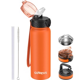 GOPPUS 600ml/20oz Stainless Steel Water Bottle with Straw Insulated Sports Bottle Cold Flask with Straw Double Walled Flip up Metal Water Bottles Leakproof Water Bottle for Gym Sports
