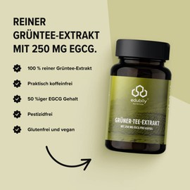 edubily nutrition® Green Tea Extract - 250 mg EGCG per Capsule, Equivalent to 5 Cups of Green Tea - Almost Caffeine-Free - No Additives - 60 Capsules in Brown Glass