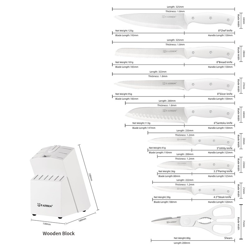 KATISUN 15-Piece White Kitchen Knife Set with Built-in Sharpening Stone,