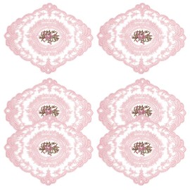 BENECREAT 6Pcs 8.43 Inch Pink Retro Lace Placemats, 10.47 Inch Oval Embroidered Table Mats Lace Doily for Home Wedding Coasters Cup