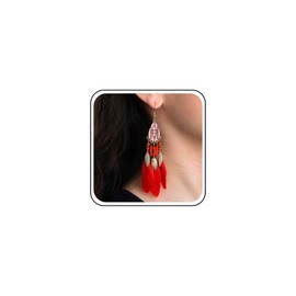Aneneiceera Boho Red Feather Earrings Vintage Tribal Feather Tassel Earring Indian Ethnic Earring Red Tassel Leaf Earrings Jewelry for Women