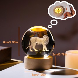 Arikyrist Crystal 3D Lion 2.36in Ball Figurine Gifts for Him Husband, Collectible Glass Animal Art Sphere for Room with Wooden Light Base, Keepsakes for Lion Lovers Home Decor Paperweight