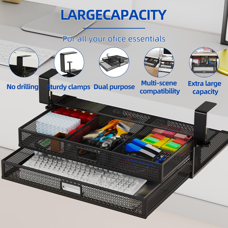 SRJZMLY Under Desk Drawer Organizer No Drill Metal Under Desk