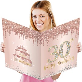Large 30 Birthday Card with Envelope, Jumbo Happy 30th Birthday Card Gifts for Girl, Extra Big 30 Birthday Guest Book Greeting Cards Party Supplies，Pink Rose Gold Giant Thirty Year Birthday Card