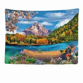 Ulticool - Landscape Trees Lake Mountains Boat - Tapestry - 200x150 cm - Large Tapestry - Poster Ornament - Decoration - Wallpaper - Canvas - Painting - Accessories Room Divider - Green Blue White
