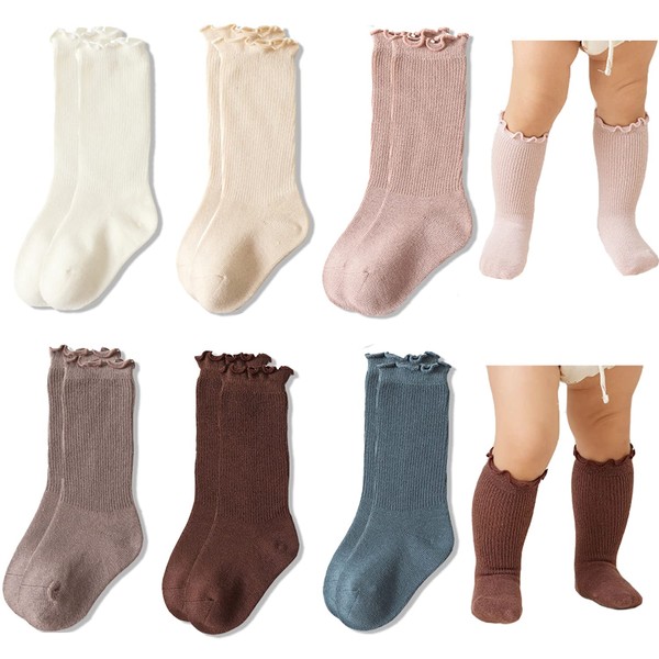 Exegawe Baby Girls Socks Cotton Toddler Knee-High Stockings Kids Cozy Warm Solid Color Ruffles Long Socks for 0-5T(Solid 6 Pairs,XS/0-6m)