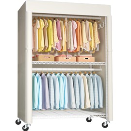 FUTASSI White Clothing Rack with Beige Cover, P1C Plus Rolling Closet with Wheels, Metal Garment Rack for Hanging Clothes, Clothing Storage Wardrobe, 46" W x 18.5" D x 80.7" H, Load 524 Pounds