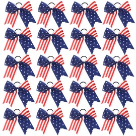 American USA Flag Cheer Bows for Girls,Red White and Blue Patriotic Flag Festival Hair Bow With Elastic Band Hair Accessories (Red 20pcs)