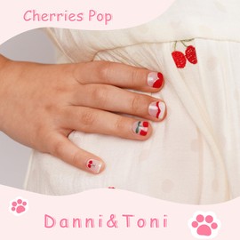 DANNI & TONI Soft Milky White Semi Cured Gel Nail Strips Kids DIY (Cherries Pop) with Jelly Gel Glossy Wraps for Girls 22 Stickers