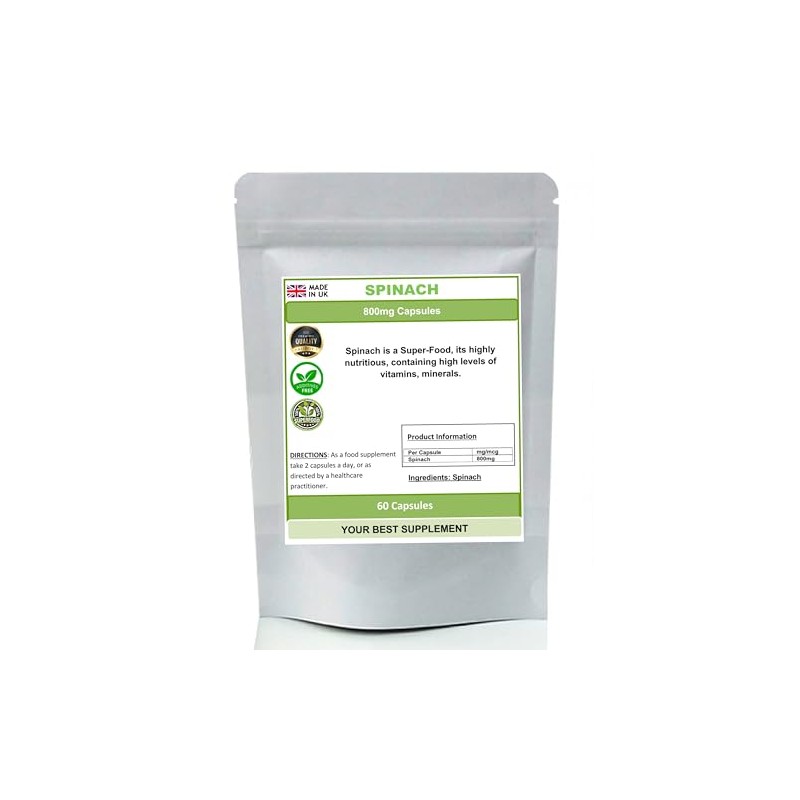 Spinach 800mg Capsules 100% Pure High Strength Super-Food(NoFiller No Additive)