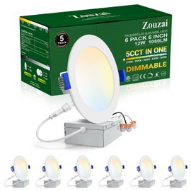 zouzai 6 Inch 5CCT Ultra-Thin LED Recessed Ceiling Light with Junction Box, 2700K/3000K/3500K/4000K/5000K Selectable, 12W Eqv 110W,Dimmable, led can Lights- ETL and Energy Star Certified【 6 Pack 】