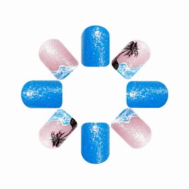 MISUD Summer Press on Nails Short Square Fake Nails Glossy Glue on Nails Blue Beach Acrylic Nail Supplies Squoval Artificial Nail Art Bling Glitter False Nails with Coconut Tree Design DIY 24 pcs