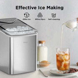 Silonn Ice Makers Countertop, 9 Cubes Ready in 6 Mins, 26lbs in 24Hrs, Self-Cleaning Ice Machine with Ice Scoop and Basket, 2 Sizes of Bullet Ice for Home Kitchen Office Bar Party