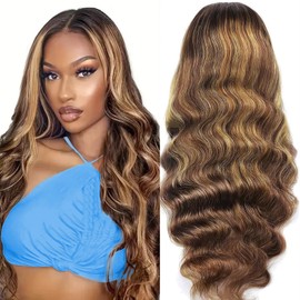 Highlight Ombre Lace Front Wig Human Hair Body Wave Human Hair Wig P4/27 Wear and Go Glueless Lace Front Wigs Pre Plucked 180% Density Natural Hairline Glueless Wigs 26 Inch (66 cm)