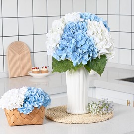 Dolicer 4 Pcs 21'' Real Touch Hydrangea Artificial Flowers, Lifelike Latex Faux Hydrangea Flowers with Long Stems & Leaves for Centerpieces Bouquets Party DIY Home Wedding Decor (White and Blue)