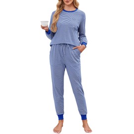 Namatime Women's Long Cotton Two-Piece Pyjamas Striped Sleepwear with Pockets, blue, XL
