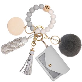 Aolibao Wristlet Keychain Bracelet With Wallet, Silicone Beaded Key Rings Bangle for Car Keys, Card Holder Keychain with DIY Wood Tag (WHITE)