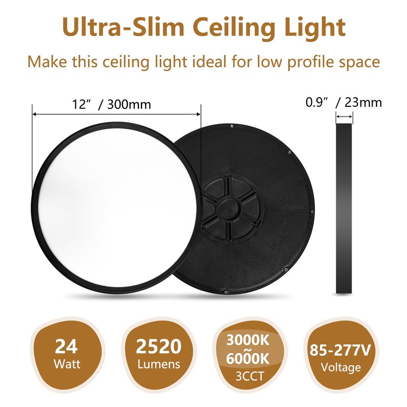 4PK 12 Inch LED Flush Mount Ceiling Light,24W, 2520LM, 3000K/4000K/6000K