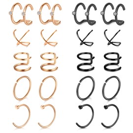 Mayhoop 20 Pcs Fake Piercings Ear Cuffs, Earrings, Nose Rings, Lip Rings - Stainless Steel Clips on Helix, Cartilage Earring Wrap - Non Piercing - Rosegold, Black for Women, Men