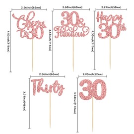 Paquete de 30 adornos para cupcakes de 30 cumpleaños, color oro rosa, purpurina de treinta saludos a 30 cumpleaños, palillos para magdalenas de 30 cumpleaños, suministros de decoración de pasteles