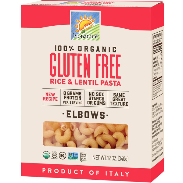 Bionaturae Elbow Pasta Noodles - Gluten Free Pasta Organic, Rice & Lentil Pasta, Kosher Certified, High Protein, Non-GMO Verified, USDA Certified, Gluten Free Pastas, Crafted in Italy - 12 Oz, 12 Pack