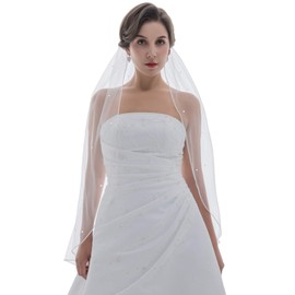 SAMKY 1T 1 Tier Rhinestone Crystal Rattail Edge Veil - Fingertip Length 36" White V095