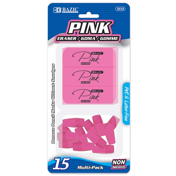 BAZIC Pink Erasers + Pencil Top Erasers Set (15/Pack), Block Erasers, Arrowhead Caps Tops, Latex Free, for Art Drawing Sketching School, 1-Pack