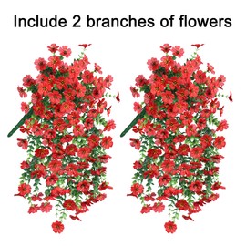 HyeFlora Artificial Hanging Flowers for Outdoors Decoration, 2Pcs Red Fake Spring Decor, Realistic Plants, UV & Fading Resistant Flower for Porch Patio Balcony Planter Yard Home Garland
