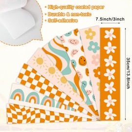 Whaline 82Ft Retro Groovy 70s Bulletin Board Borders Boho Flower Face Sun Rainbow Checkered Decoration Trim Border Orange Green Boho Bulletin Board Stickers for School Classroom Office Party Decor