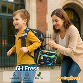 BrainyBees Insulated Kids Lunch Bag - Reusable Boys Lunch Box with Water Bottle Holder Toddler Lunch Tote Bag for Daycare and School, Easy to Clean, Black Dinosaur