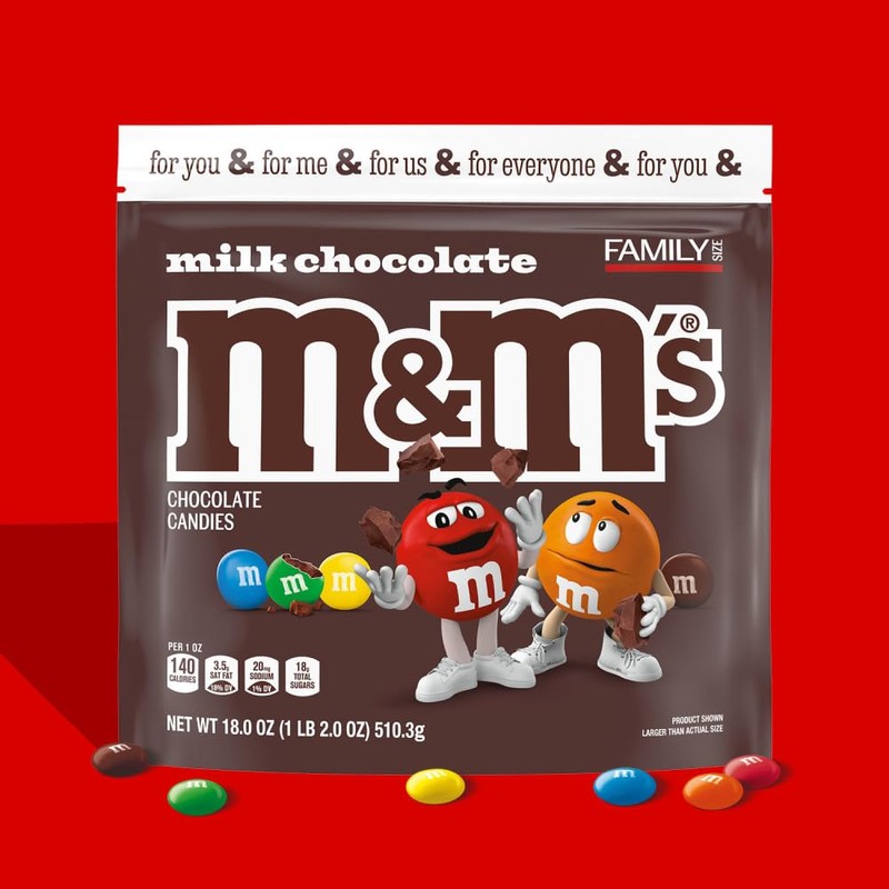 M&M'S Milk Chocolate Candy, Family Size, 18 oz Resealable Bulk