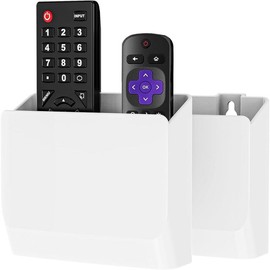 Remote Control Holder Wall Mount, TV Remote Wall Holder Pocket, Bedside Shelf, 8 Inch Hole-Free, for 3 or 4 Media Controls (WMH002-B), 2 Pack, Navy - Color: White, Size: 5 inches