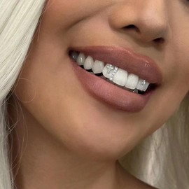 2Pcs Tooth Grillz Cubic Zirconia for Women Men Crystal Single Top and Buttom Pave CZ Bar Grillz Teeth Decoration Dainty Minimalist Hip Hop Punk Vampire Fangs Mouth Accessories Jewelry (Silver)