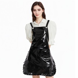 MIKI WELL Glossy Cute Ruffled Apron, Lace-Up Model with Two Pockets, Vinyl Apron for Artists and Barbers, Waterproof (Black)