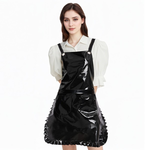 MIKI WELL Glossy Cute Ruffled Apron, Lace-Up Model with Two