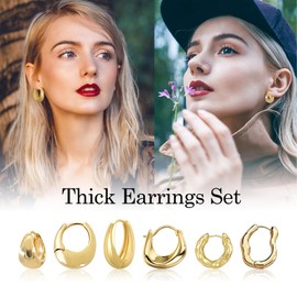 JeHwuel 6 Pairs 14K Gold Hoop Earrings Set for Women, Lightweight Huggie Chunky Earring Variety Pack, Hypoallergenic Multipack Jewelry Gift (Gold Color)