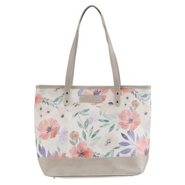 WITH LOVE Fashion Canvas Tote Bag for Women: Love is Patient Love is Kind – Reusable Sturdy Shopping Handbag w/Vegan Leather Handles for Travel, Groceries, Supplies, Taupe w/Coral & Purple Florals