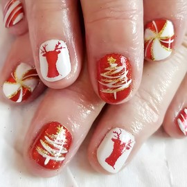 24Pcs Christmas Press on Nails Short Square False Nails Red Elk & Christmas Tree Design Acrylic Nails Gold Glitter Press on Nails Xmas Press ons Stick on Nails for Women Christmas Nail Art Decoration