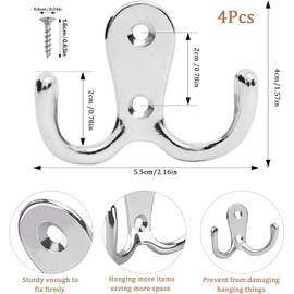 4 Pcs Double Prong Coat Hook Robe Hooks Hanging with 8 PCS Screws Chrome, Retro Silver Coat Hooks for Hanging Hat Clothes Towel Metal Retro Cloth Hanger Silver for Bedroom Bathroom Kitchen