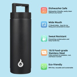 BJPKPK Insulated Water Bottles, Dishwasher Safe 18 oz Water Bottle with Handle, Leakproof BPA Free Thermal Flasks, Stainless Steel Jug for Sports, Black