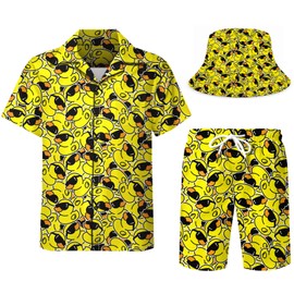DOOPCCOR Men's 3 Piece Tracksuit Duck Cuban Collared funny Hawaiian Shirt rave outfits beach Shorts Button Down Sets With Bucket Hats 05-3XL